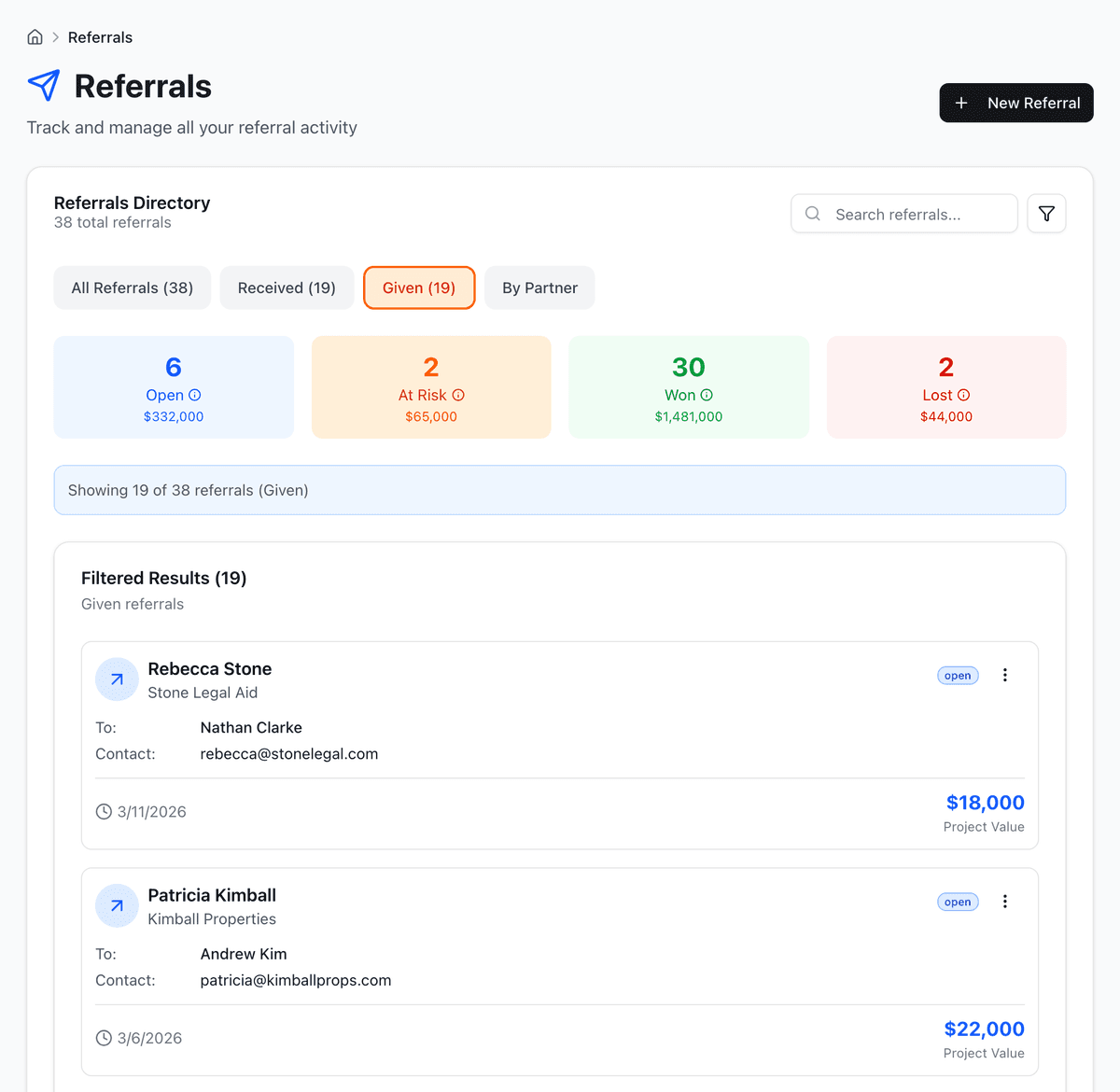 Referrals list — open, at risk, won, and lost